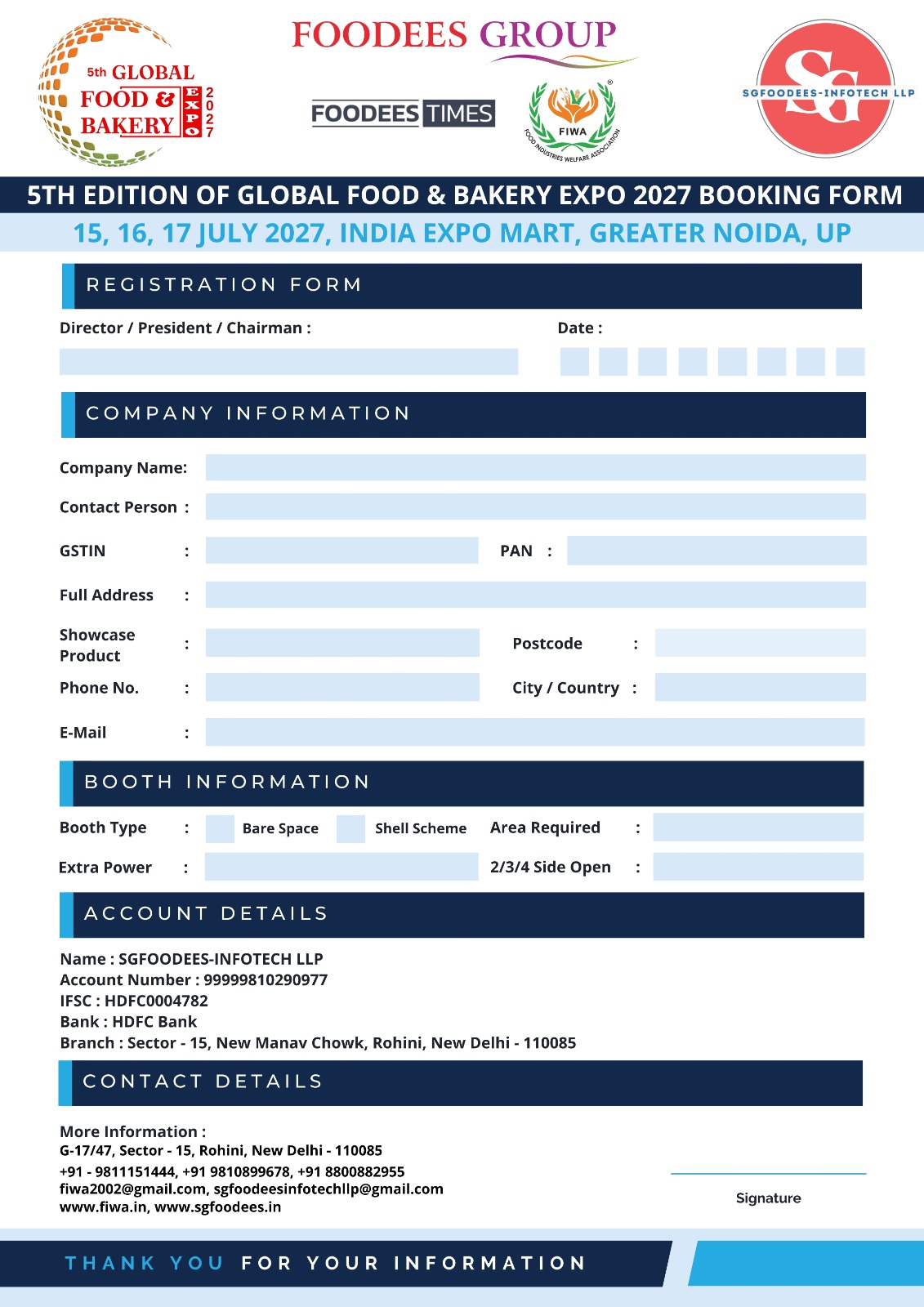 5th Edition of Global Food & Bakery Expo - Booking Form